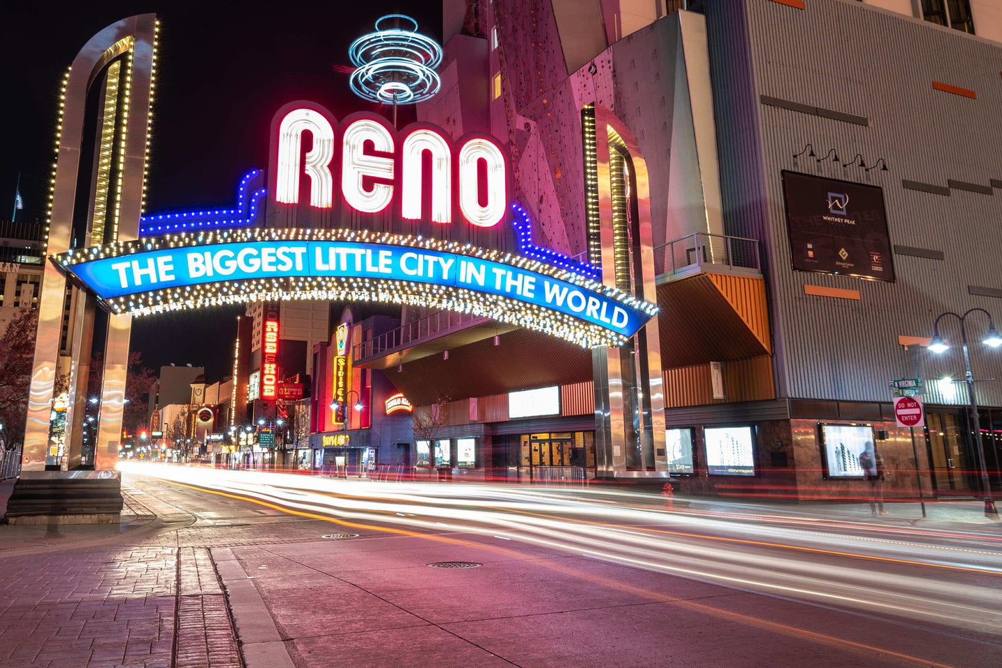 Reno, Nevada Sign with Light Trails