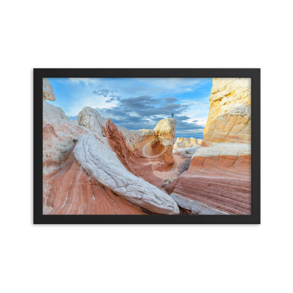 A Man Perched Atop White Pocket in Arizona - Framed Photo